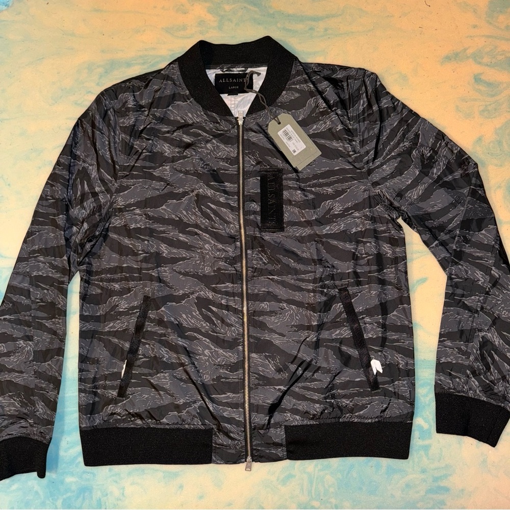 $228 Men’s size large ALLSAINTS Morton bomber washed black camo jacket coat new